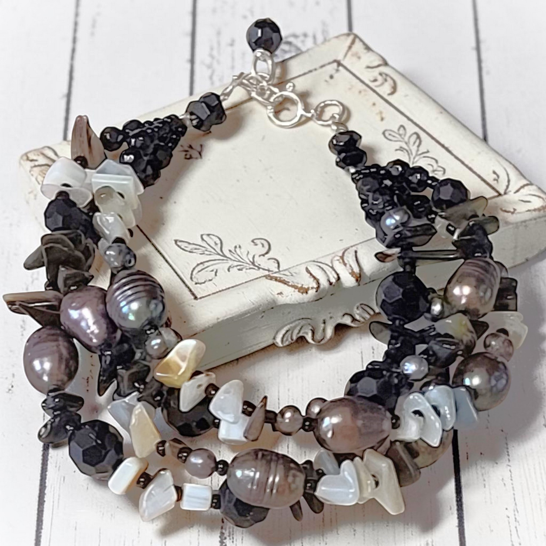 Black Onyx and Blister Pearl Sterling Silver 3 Row Bracelet
