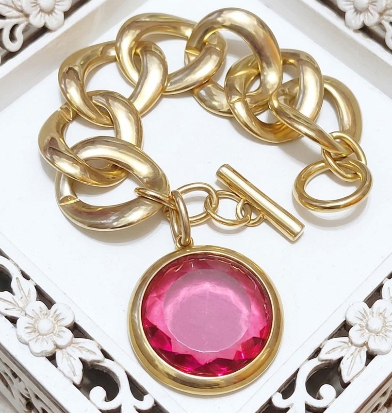 Charm bracelet, vintage, large goldtone link, with large glass pink dangle charm