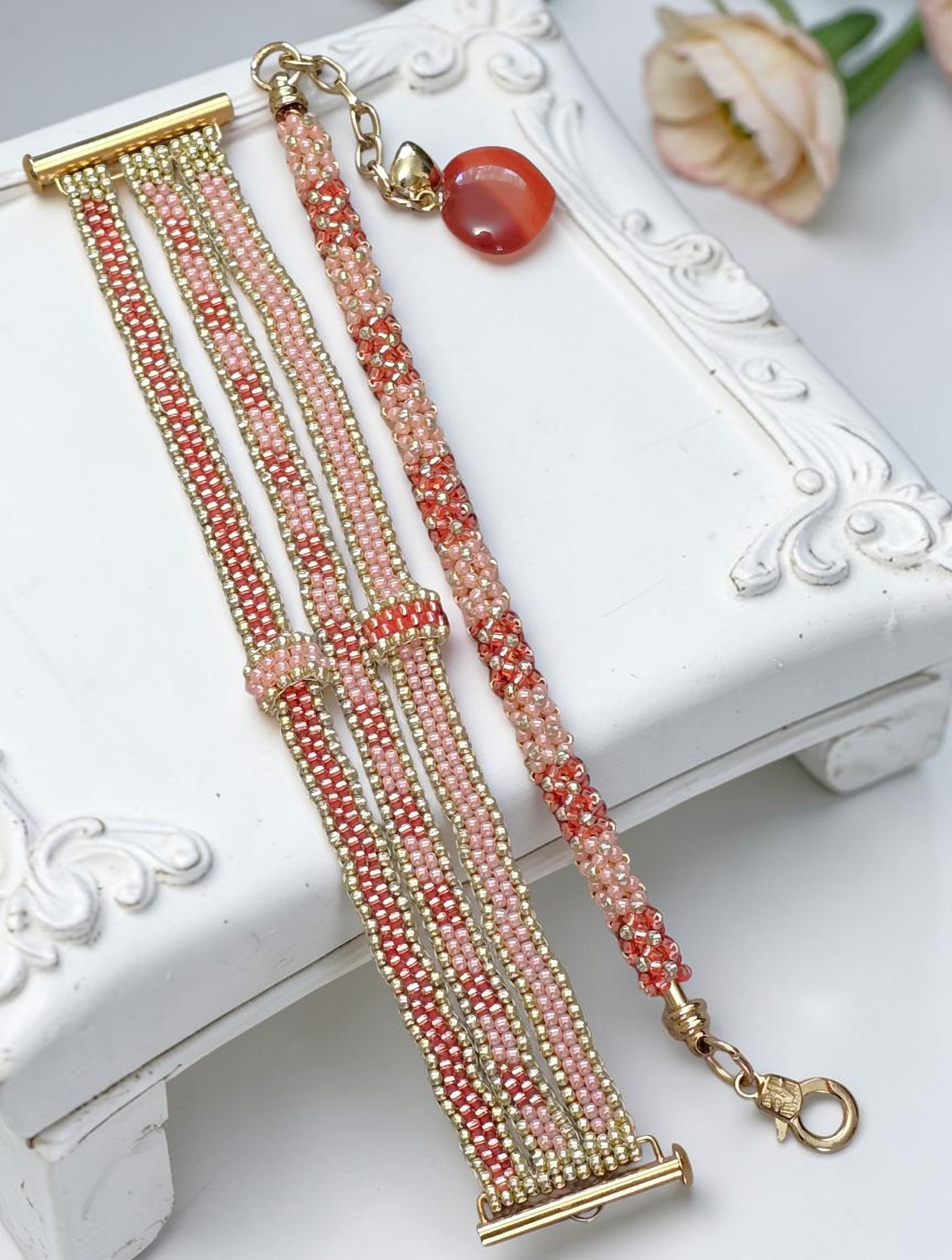 Miyuki Glass Beaded Set of Bracelets Coral Color