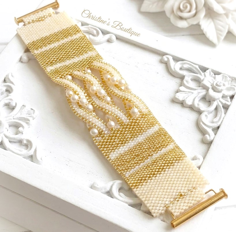 Miyuki Glass Beaded Bracelet with Criss Cross Design with Pearl Accents Miyuki Glass Beaded Bracelet with Criss Cross Design with Pearl Accents