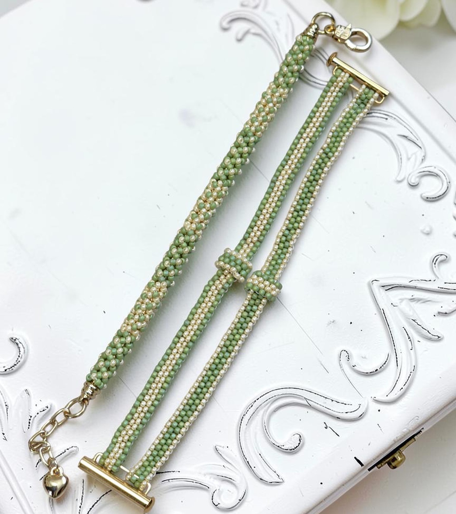 Miyuki Glass Beaded Set of Bracelets Fern Green and Beige