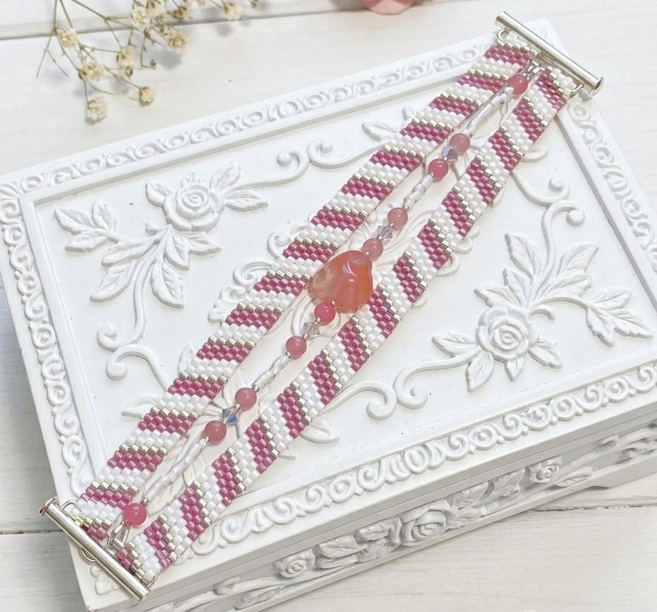 Miyuki Glass 3 Row Slide Bracelet Pink and White Candy Stripes with Center Pink Stone
