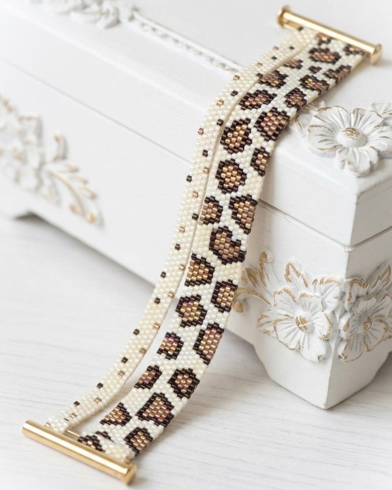 Miyuki Glass White Leopard 2 Row Bracelet with Slide Clasp