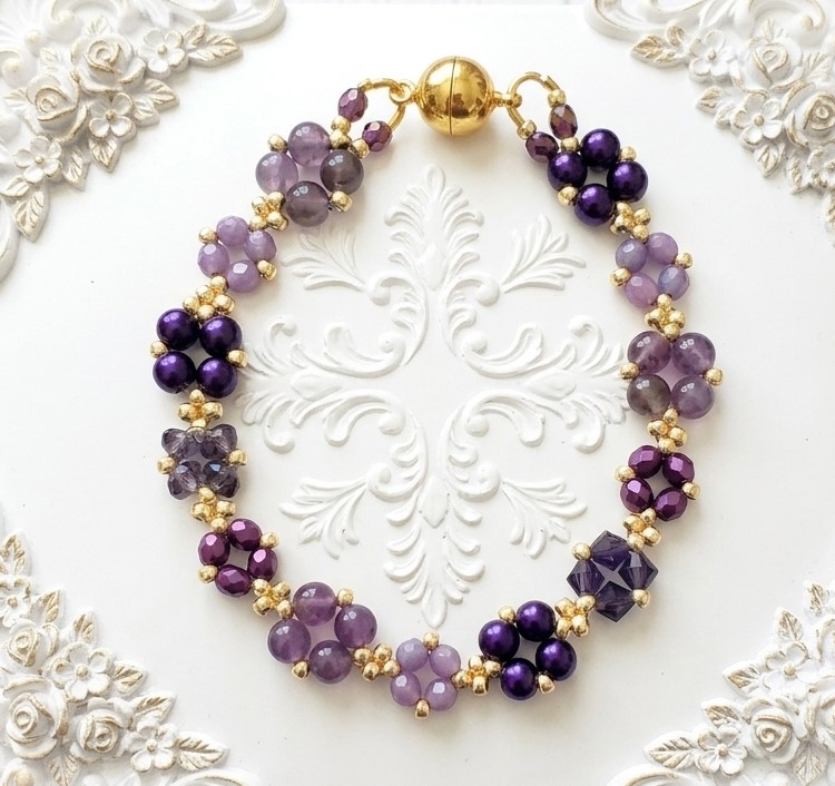 Beaded Bracelet with Amethyst Gemstone, Purple Glass Pearl Beads and Crystal