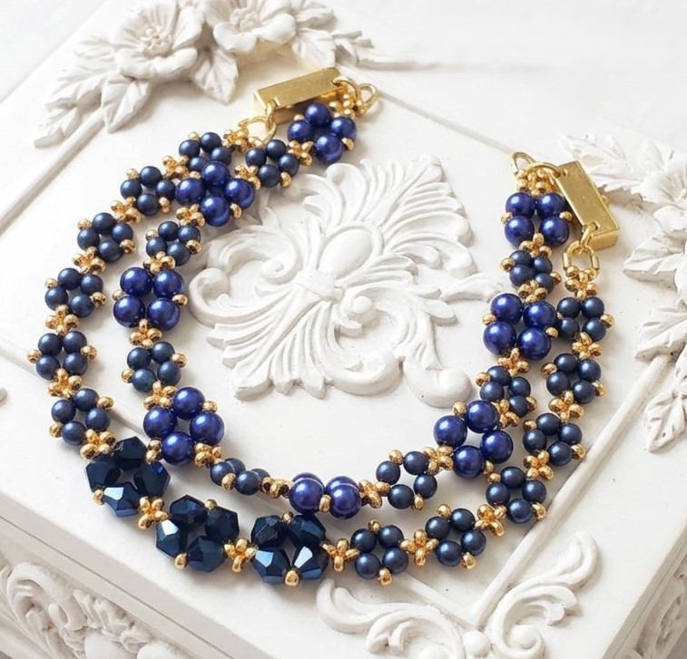 Blue Glass Pearls and Crystal 2 Row Bracelet with Magnetic Clasp