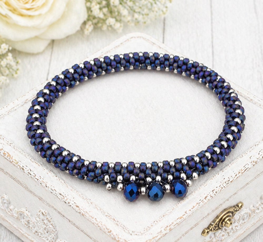 Miyuki Glass Beaded Bangle Bracelet with Center Iris Blue Crystals