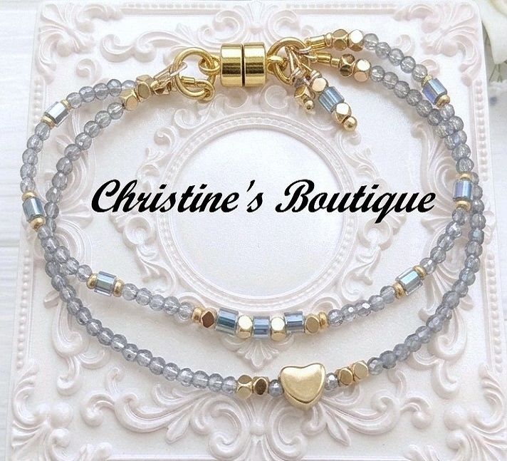 Two Row Delicate Crystal Beaded Bracelet with Magnetic Clasp
