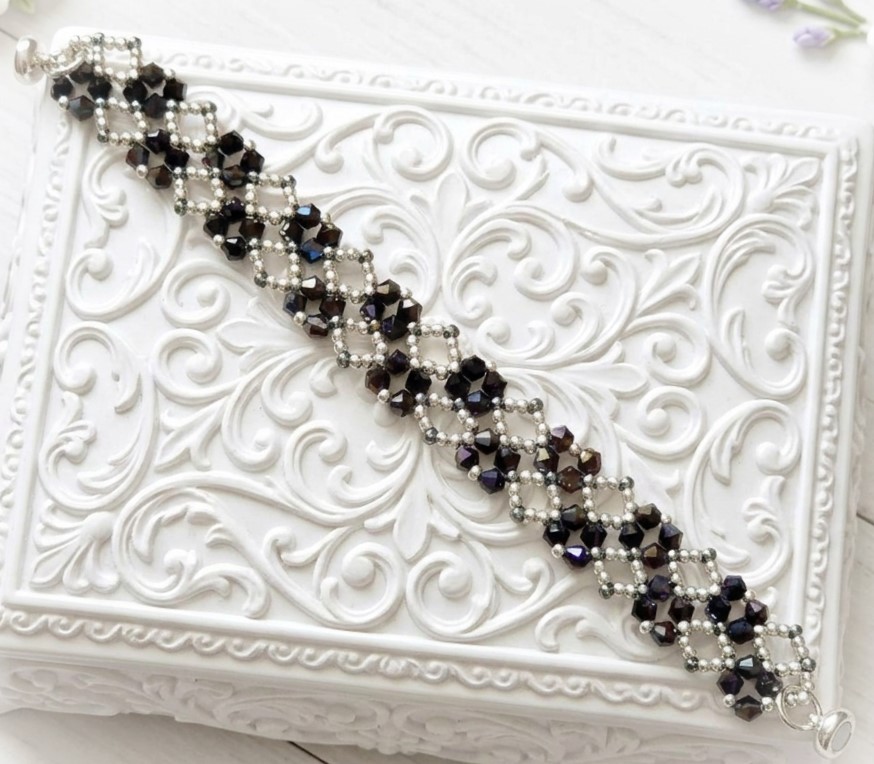 Black Crystal and Silver Miyuki Interlaced Bracelet with Magnetic Clasp