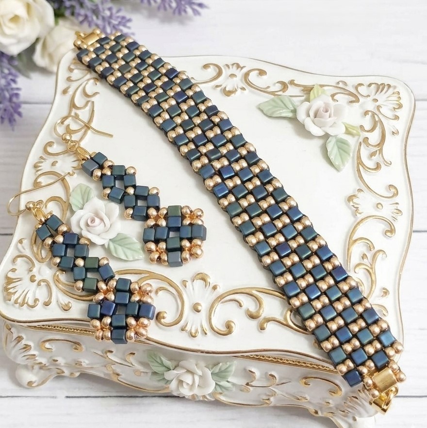 Miyuki Glass Cube Beaded Bracelet and Earrings Set - Handcrafted