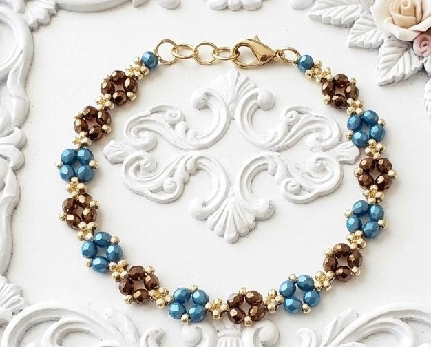 Beaded Bracelet with Glass Turquoise and Bronze Beads
