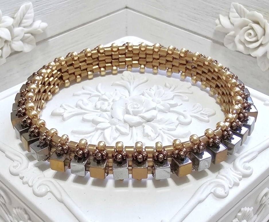 Miyuki Glass Cube Beaded Bangle in Metallics Gold Silver and Bronze
