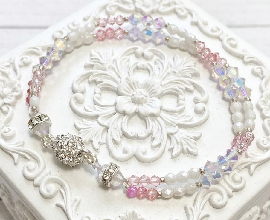 Two Row Delicate Pink and White Crystal Beaded Bracelet with Magnetic Clasp