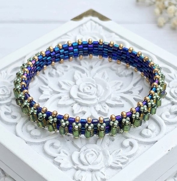 Miyuki Glass Cube Beaded Bangle in Green and Blue