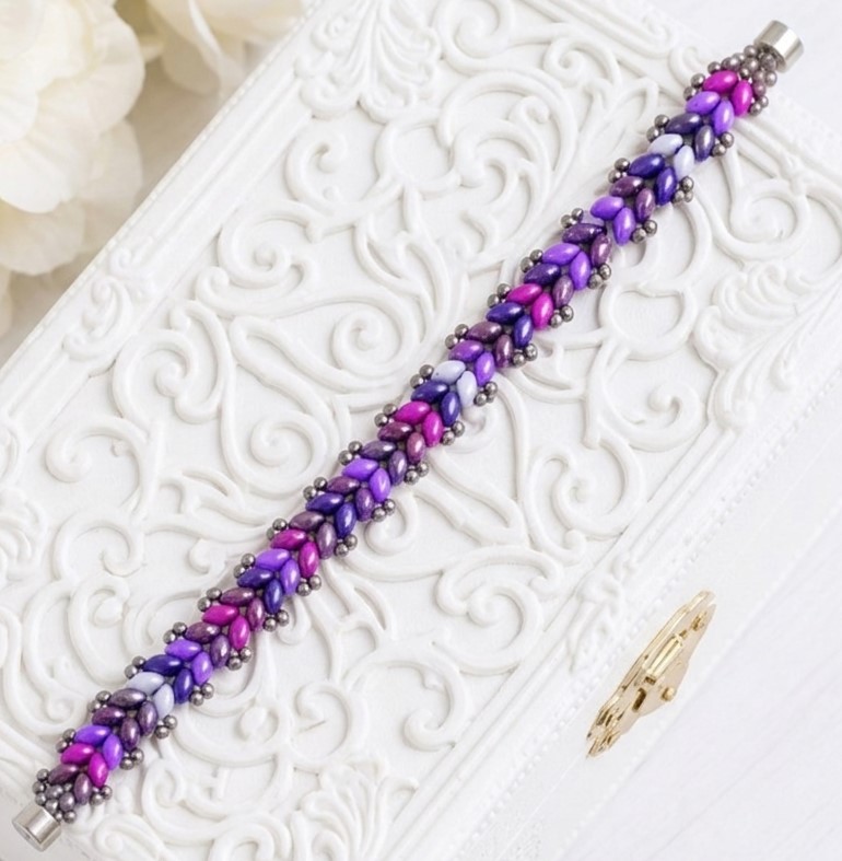 Handcrafted Glass Super Duo Beaded Bracelet Purple and Pink Colors