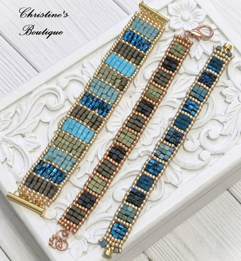 Miyuki Glass Cube Beaded Bracelet - Green Hues - Thin Bracelet