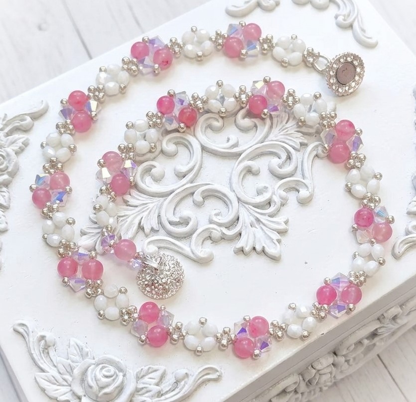 Pink and White Crystal Double Wrap Bracelet/Choker Necklace with Rhinestone Clasp