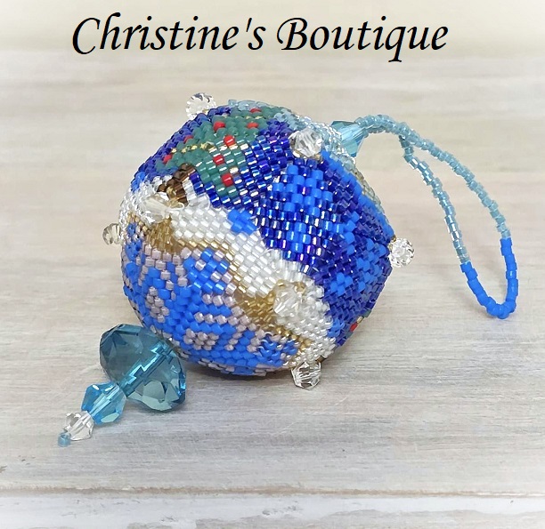 Handmade beaded ball ornament, miyuki glass ornament, winter scene with blue ice drop crystal - Click Image to Close