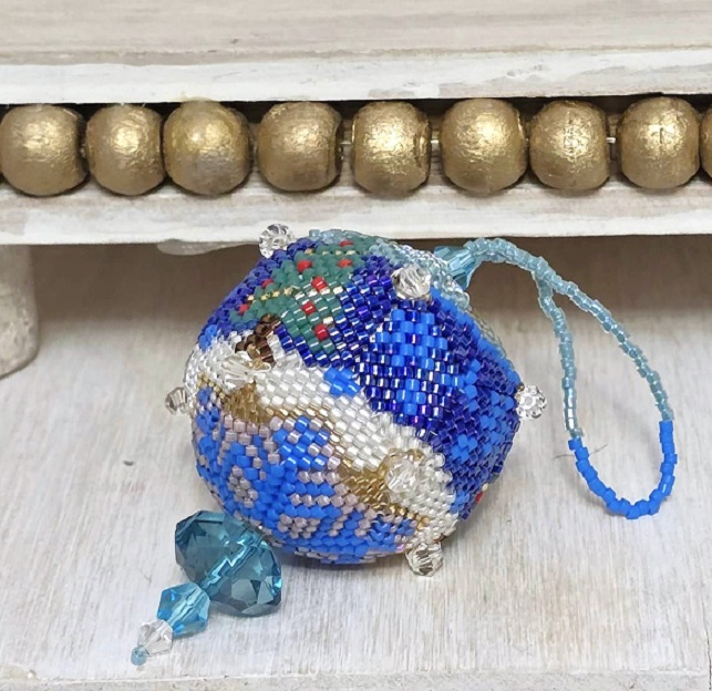 Handmade beaded ball ornament, miyuki glass ornament, winter scene with blue ice drop crystal