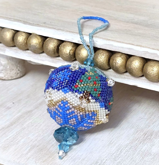 Handmade beaded ball ornament, miyuki glass ornament, winter scene with blue ice drop crystal