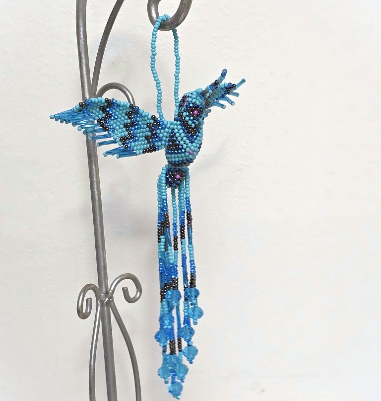 Beaded hummingbird, handmade glass seed bead bird ornament, long tail, turquoise and blue colors