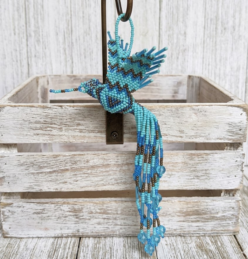 Beaded hummingbird, handmade glass seed bead bird ornament, long tail, turquoise and blue colors