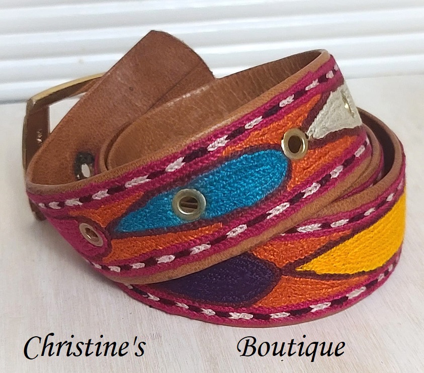 Vintage leather belt with yarn design, ethnic print of bright colors - Click Image to Close