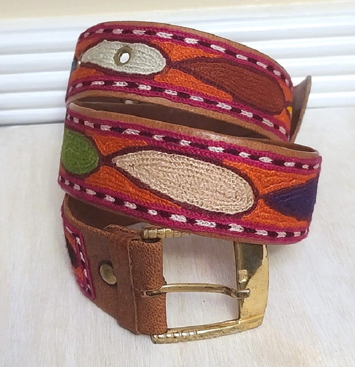 Vintage leather belt with yarn design, ethnic print of bright colors