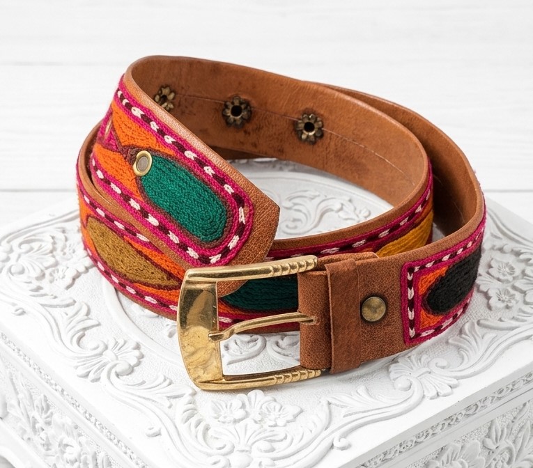 Vintage leather belt with yarn design, ethnic print of bright colors