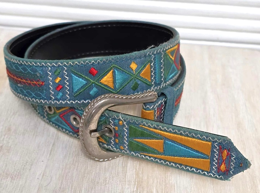 Belt - Teal embroidered belt, with gold and red and turquoise embroidery, belt size small