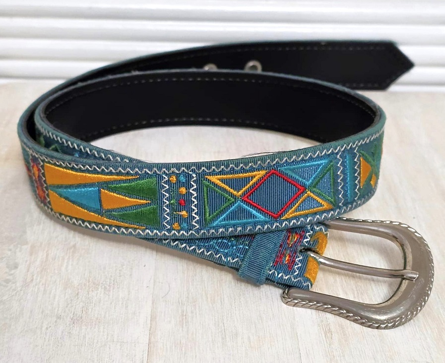 Belt - Teal embroidered belt, with gold and red and turquoise embroidery, belt size small