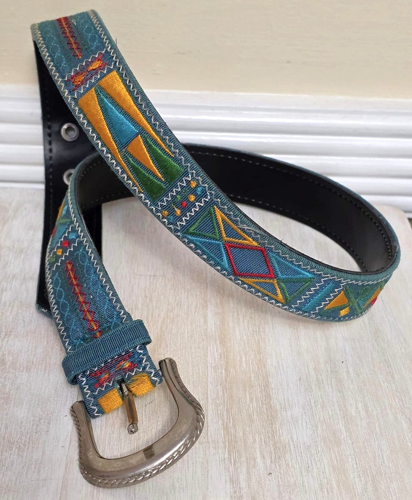 Belt - Teal embroidered belt, with gold and red and turquoise embroidery, belt size small