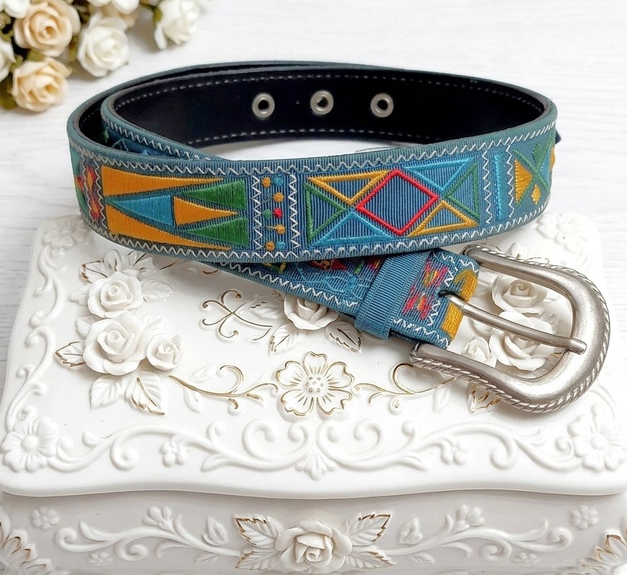 Belt - Teal embroidered belt, with gold and red and turquoise embroidery, Size S