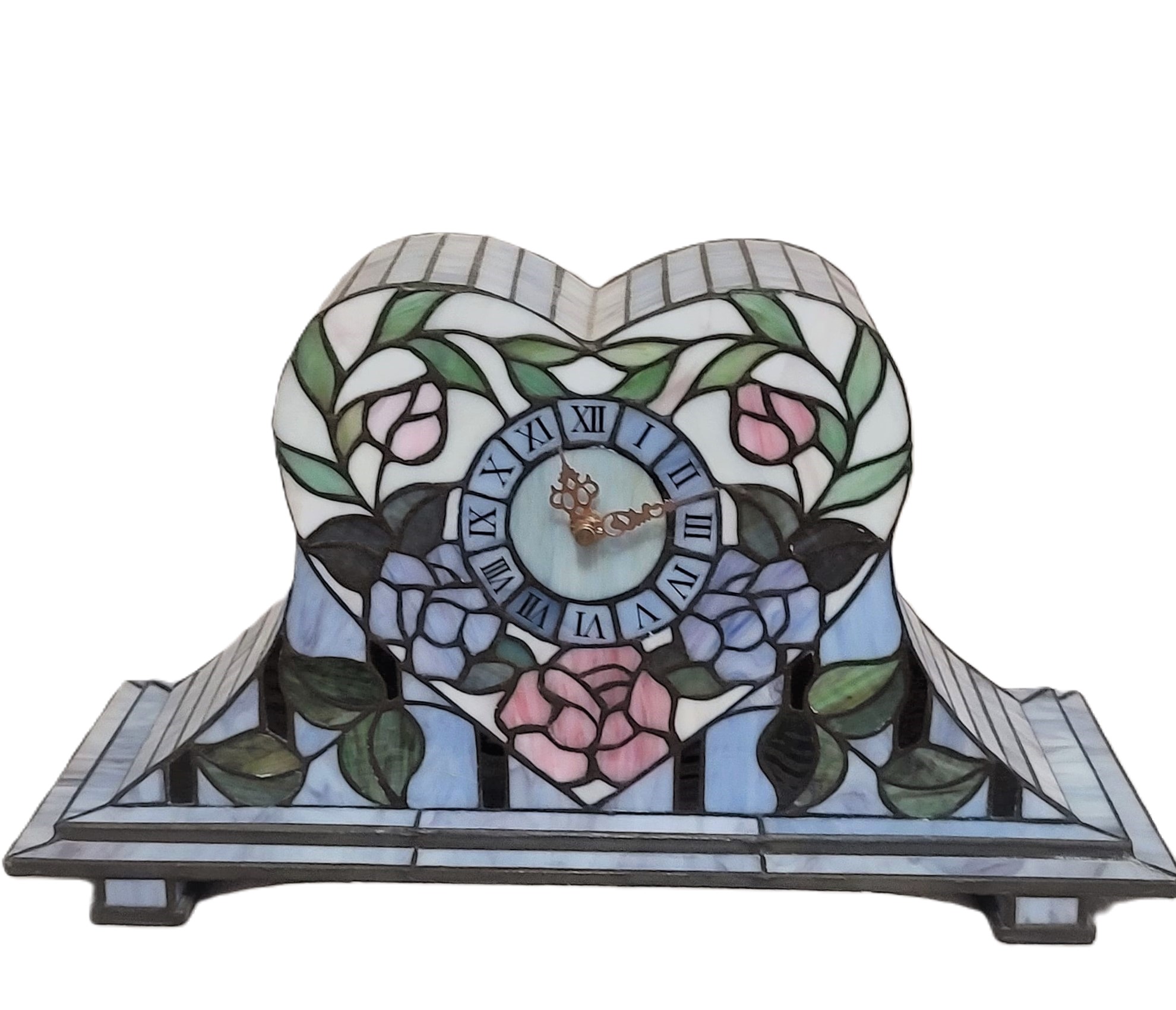 Tiffany style blue stained glass heart design mantel clock - Click Image to Close
