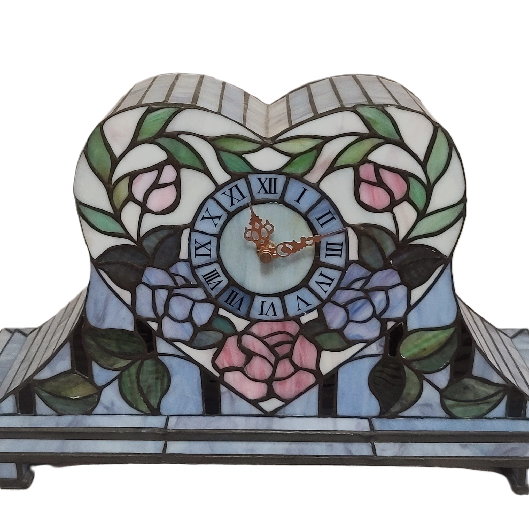 Tiffany style blue stained glass heart design mantel clock