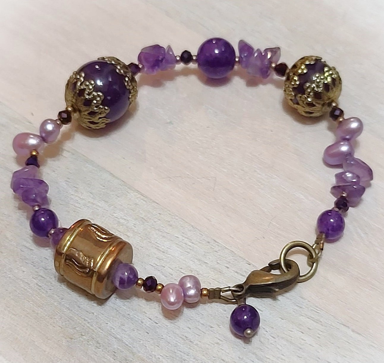 Amethyst and Jade Bracelet, handcrafted, and dyed lavendar pearl
