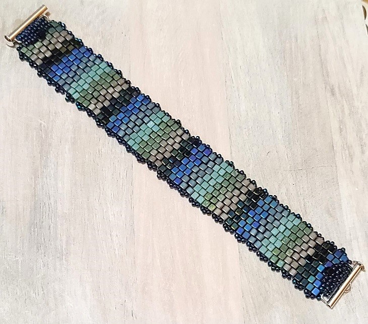 Glass beaded bracelet, handcrafted, peyote stitch using miyuki beads, blue hues