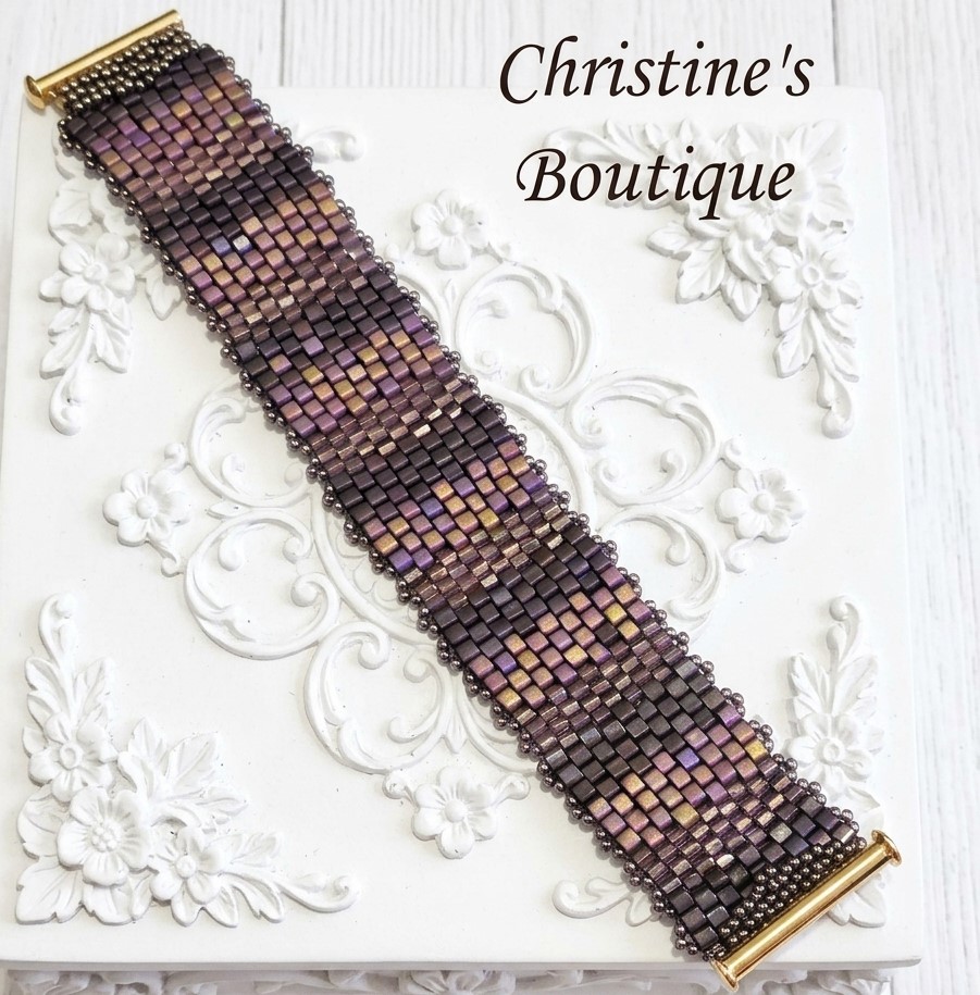 Miyuki Glass Cube Beaded Bracelet in Burgundy Purple Ombre