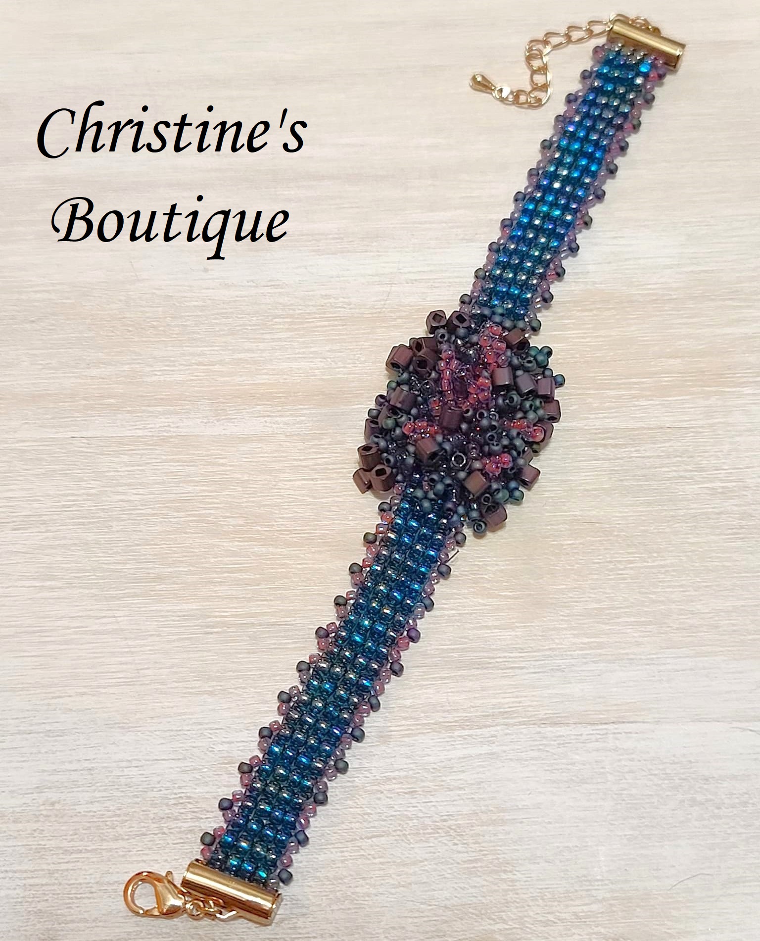 Miyuki glass beaded bracelet, with center fringe purple and teal - Click Image to Close