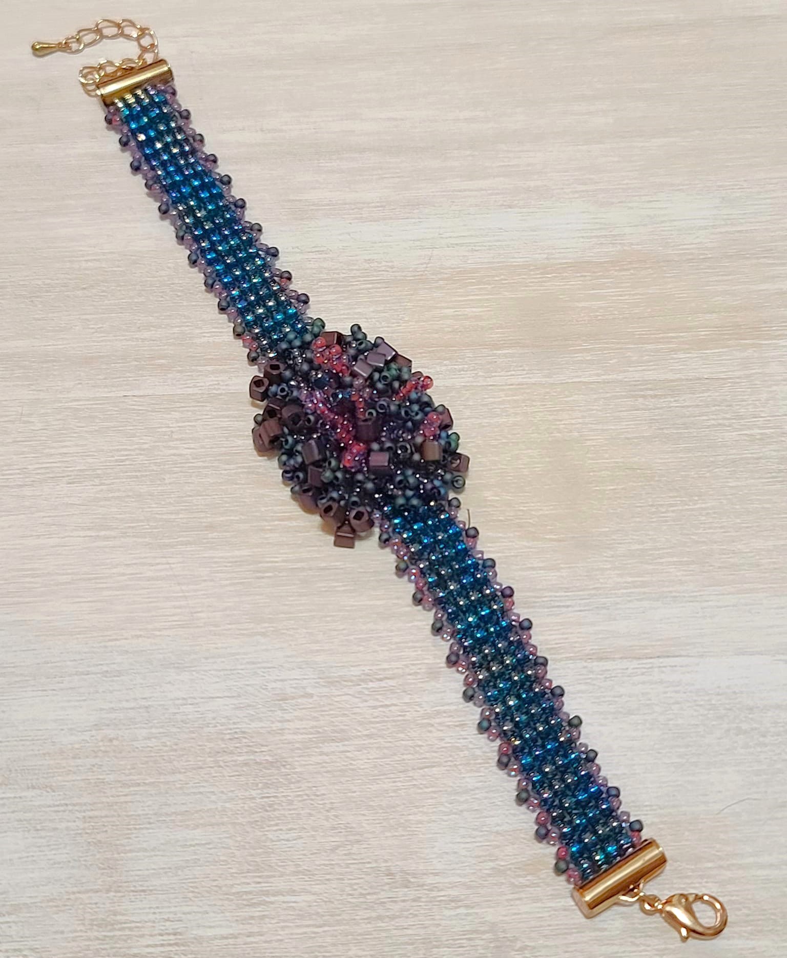 Miyuki glass beaded bracelet, with center fringe purple and teal