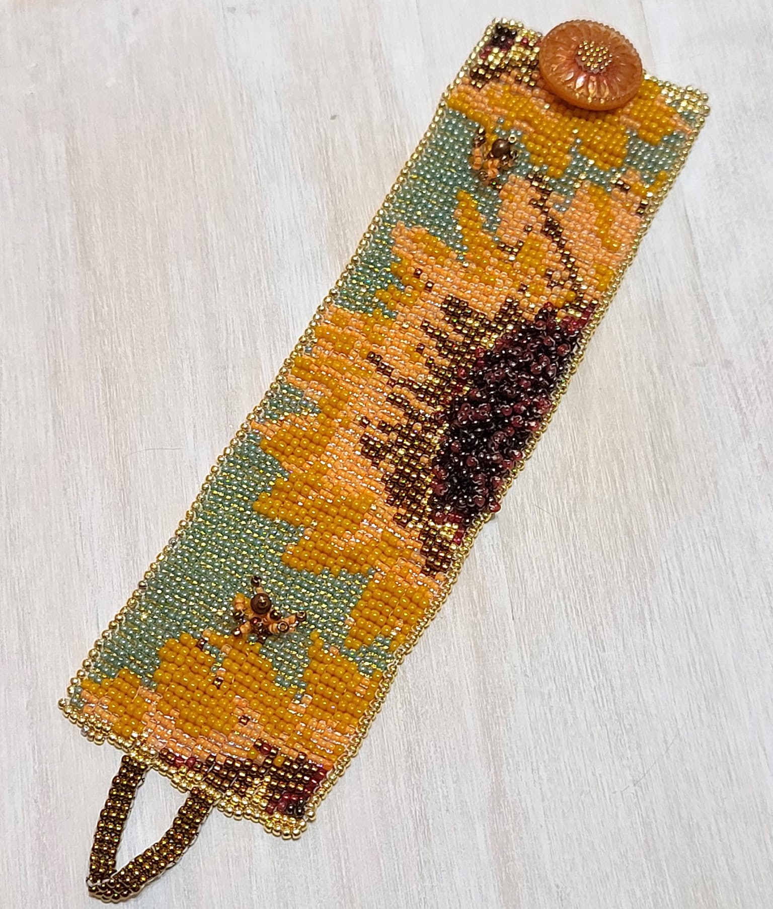 Sunflower bracelet handcrafted, miyuki glass beads, button clasp