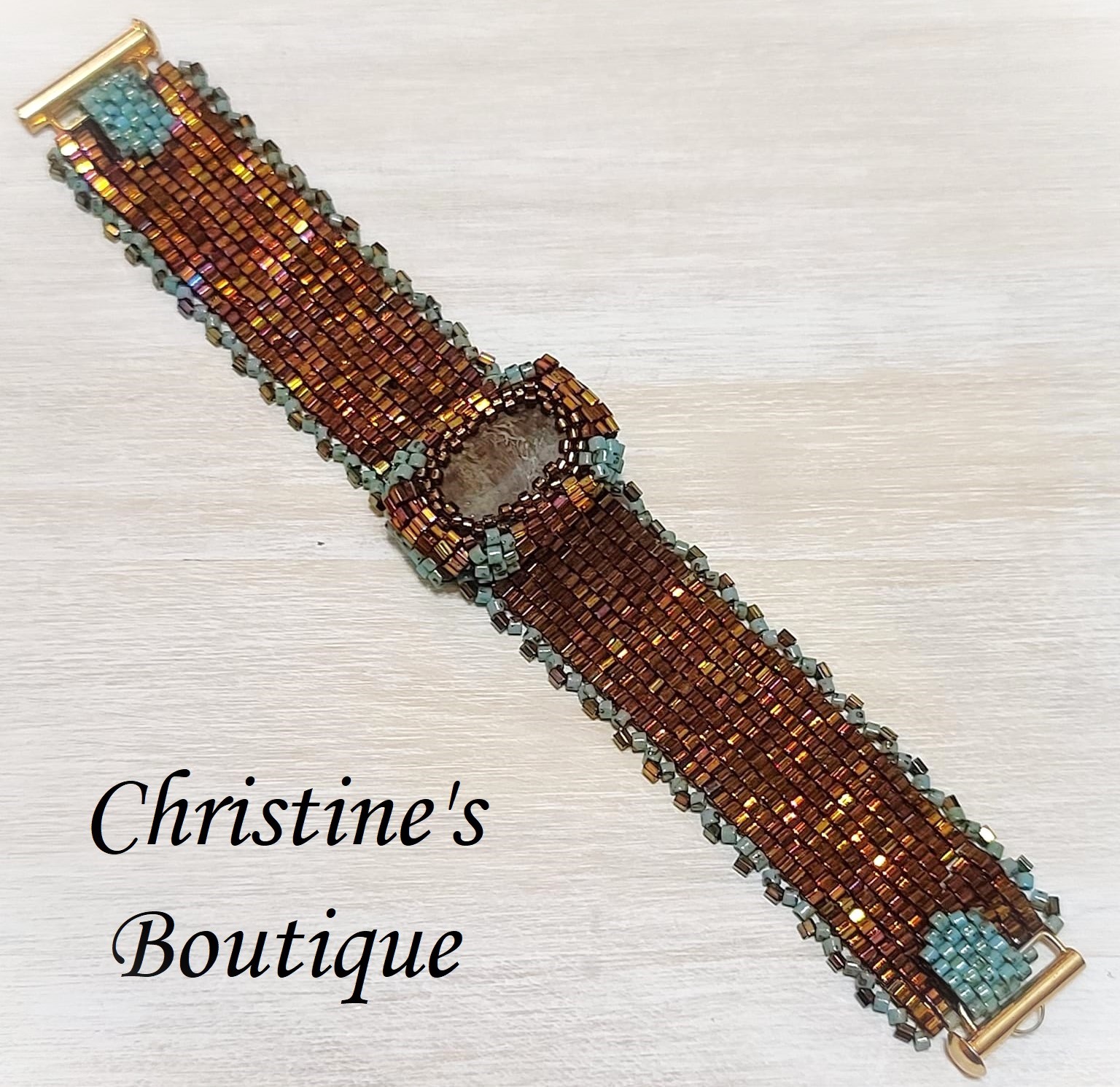 Miyuki glass bracelet, handcrafted bracelet, bronze & turquoise - Click Image to Close