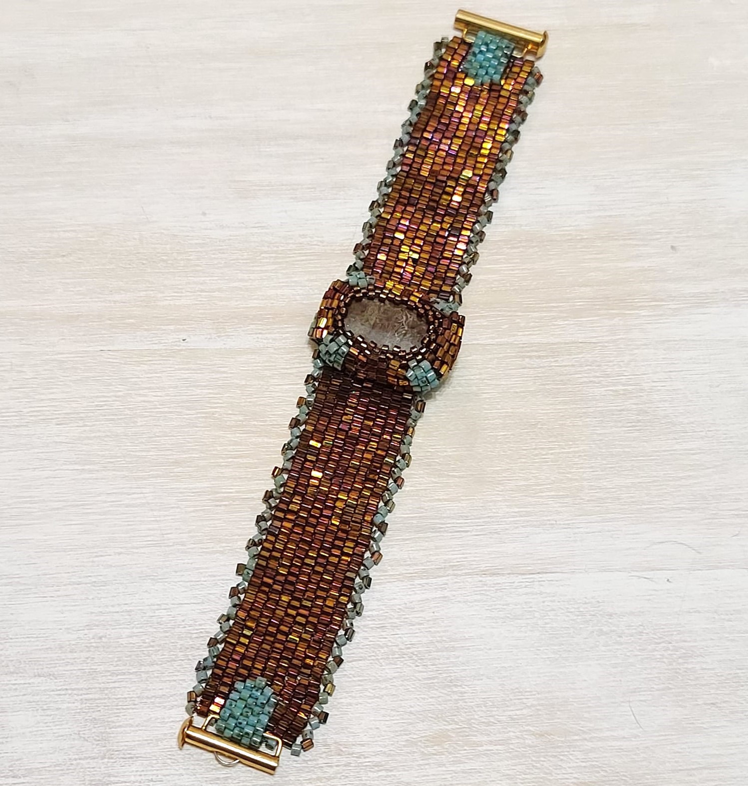 Miyuki glass bracelet, handcrafted bracelet, bronze & turquoise