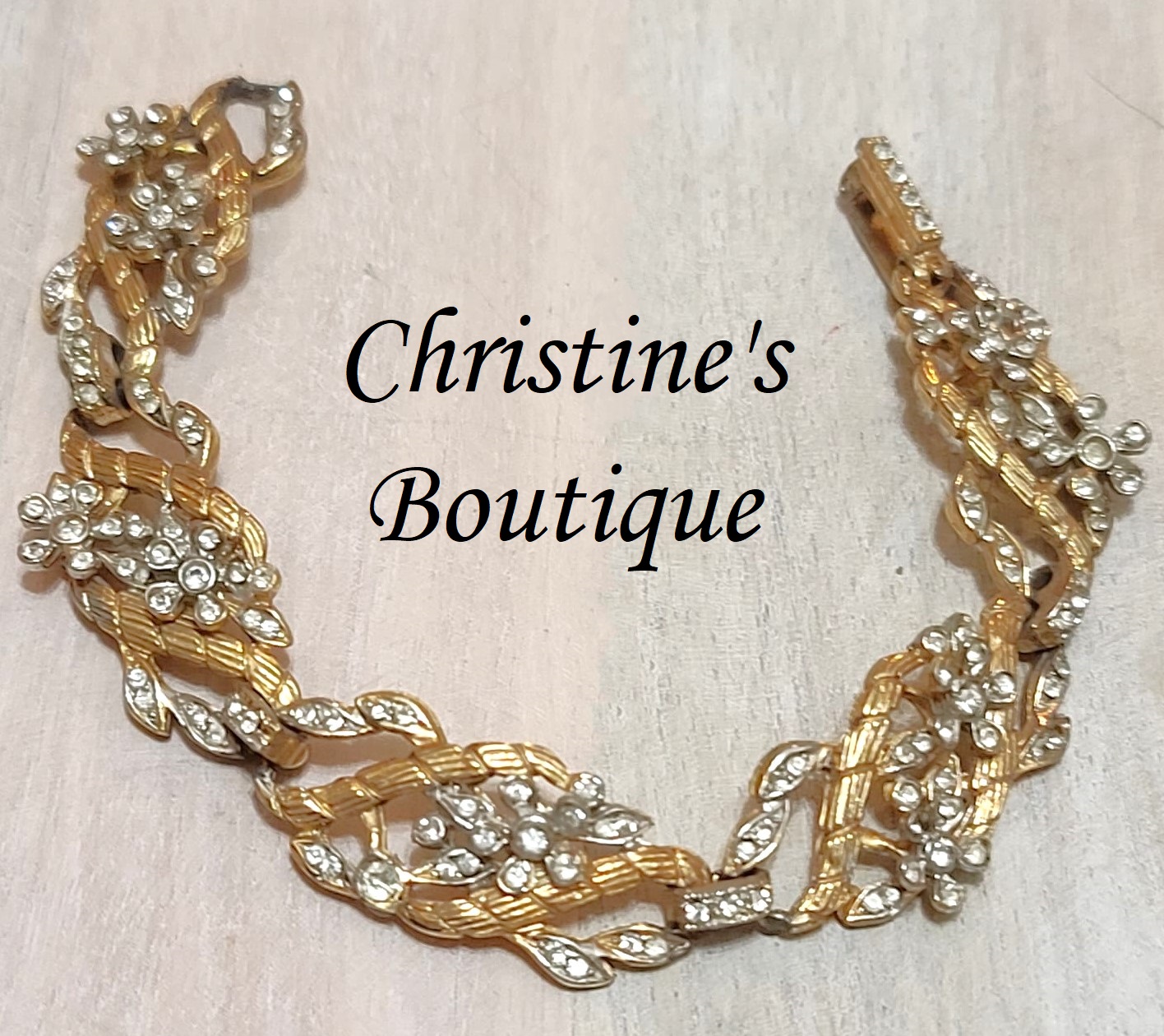 Ornate rhinestone bracelet, vintage with encrusted rhinestones, goldtone - Click Image to Close