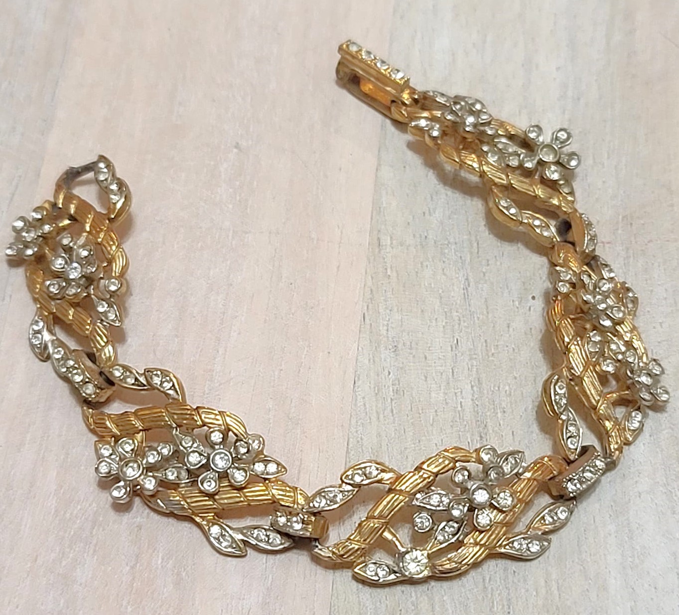 Ornate rhinestone bracelet, vintage with encrusted rhinestones, goldtone