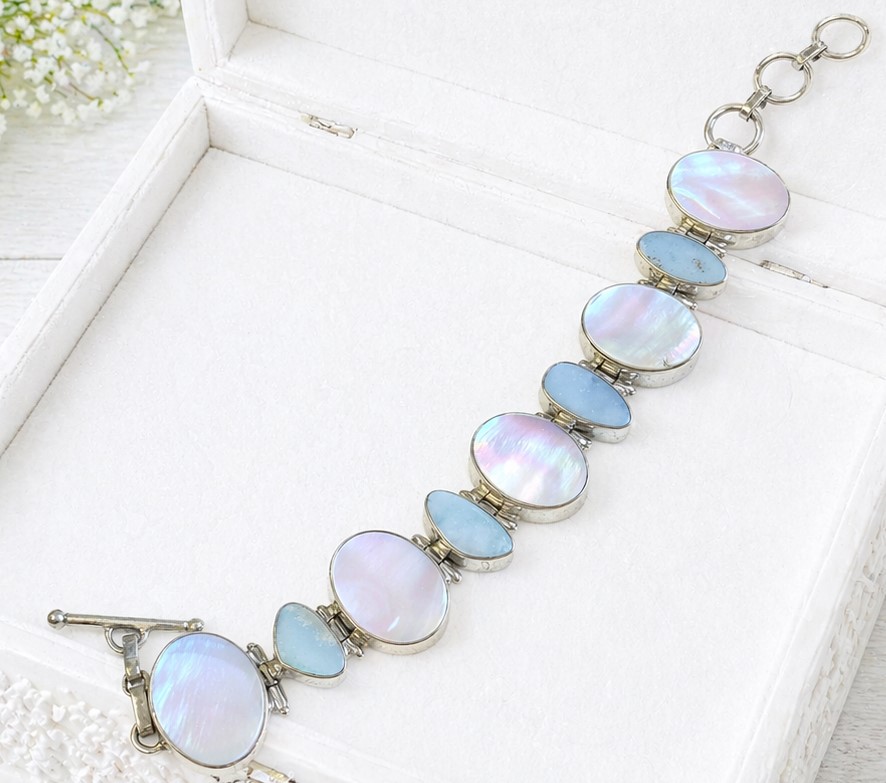 Gemstone bracelet, fire blue opal and pink pearls in 925 sterling silver setting