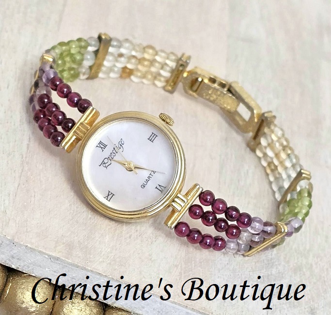 Vintage Prestige watch with genuine gemstones, garnet, amethyst, peridot and citrine - Click Image to Close