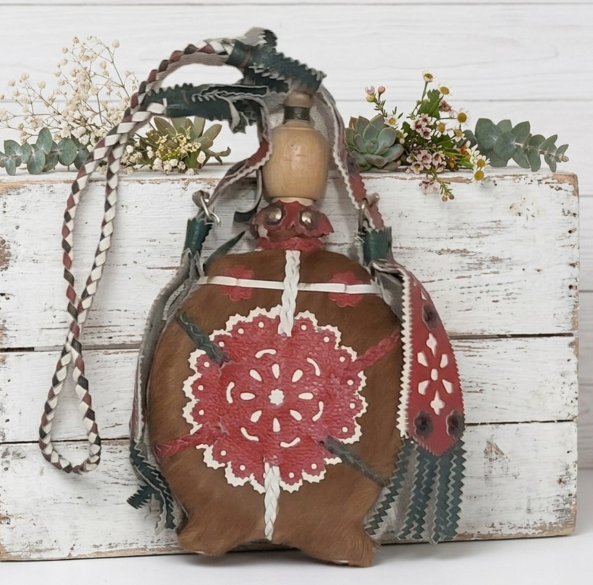 Hungarian vintage folk art canteen leather strap camel hair