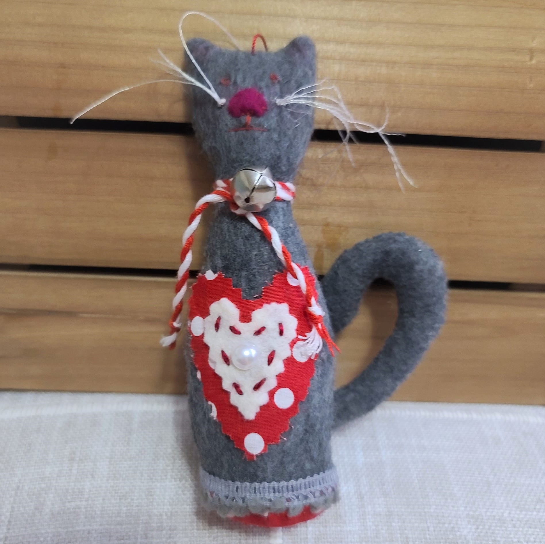 Cat felt ornament - gray with red and white pattern