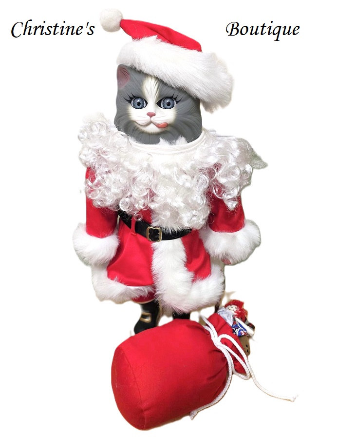 Vintage Goebel Betty Jane Carter Doll, Cat Doll, Grey cat doll, Christmas Doll Santa Claws Music Box - Click Image to Close