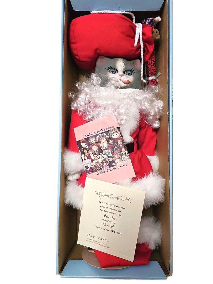 Vintage Goebel Betty Jane Carter Doll, Cat Doll, Grey cat doll, Christmas Doll Santa Claws Music Box